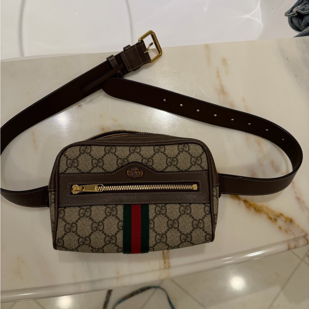 Gucci Beige and Brown Belt Bag with Gold Accents